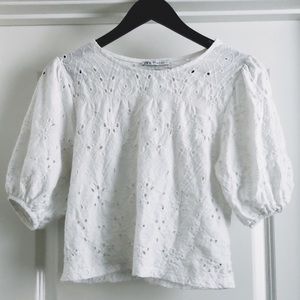 Zara White Eyelet Puff Sleeves Top